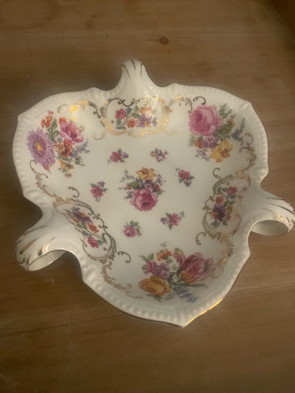 Victoria Czechoslovakian  Floral Gold-Trim Porcelain Trinket/Jewelry Dish
